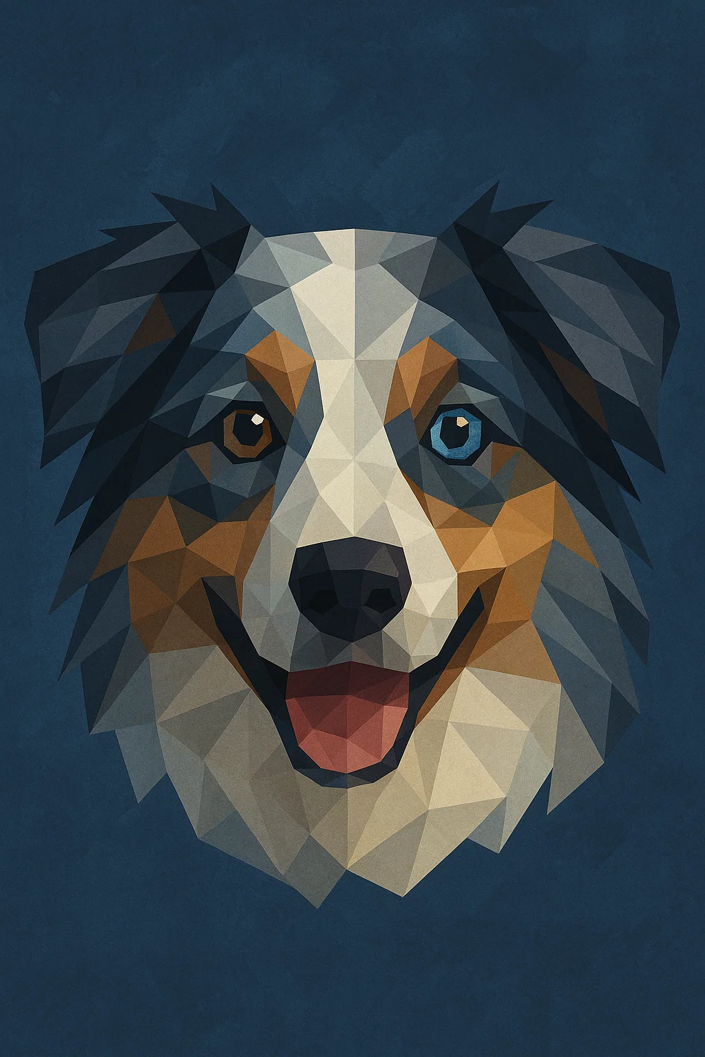 Low-poly portrait of Greyson, a blue merle Australian shepherd with one blue eye and one brown eye