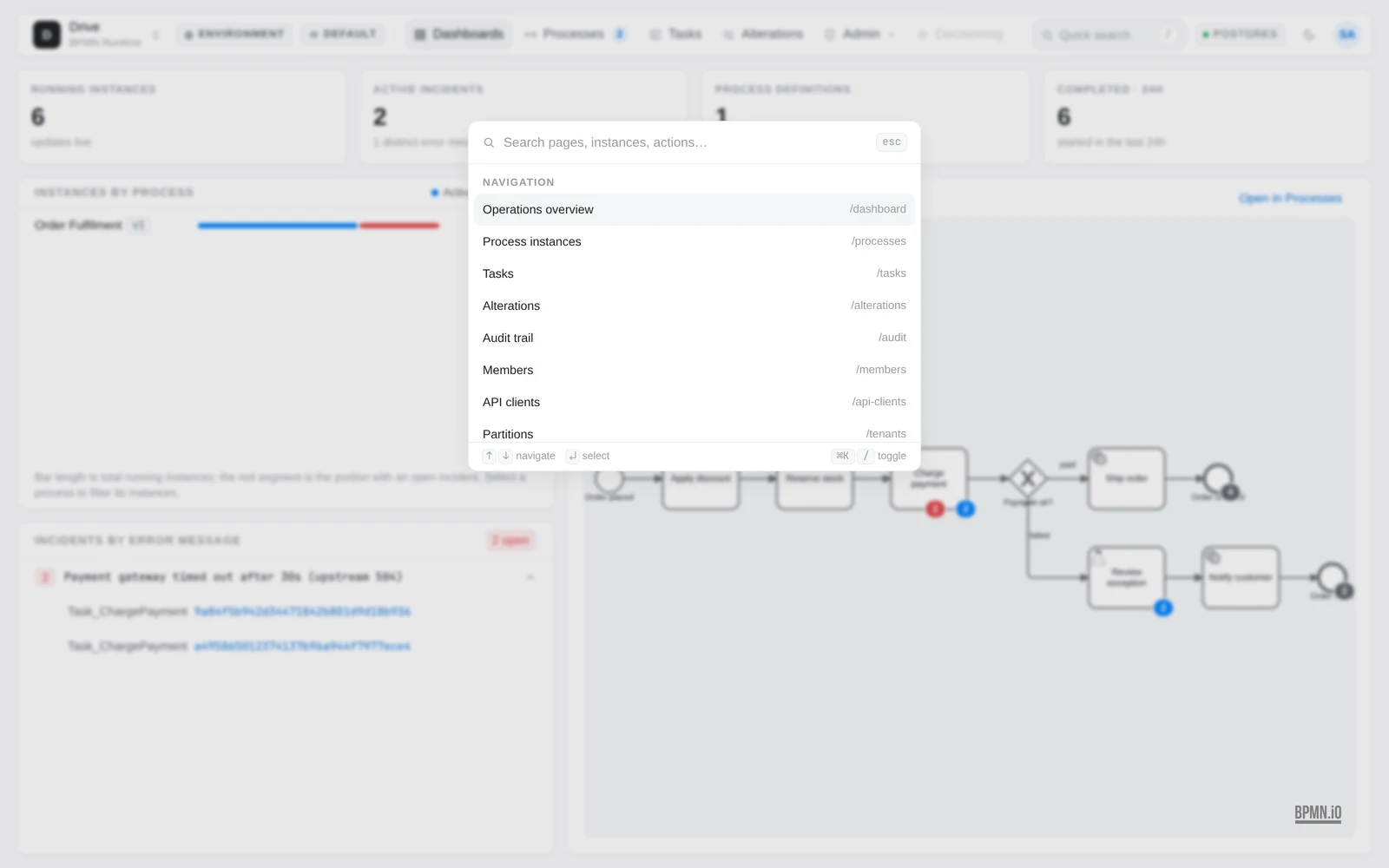 The command palette open over Sheptra Drive, listing navigation, live instance search and operator actions.