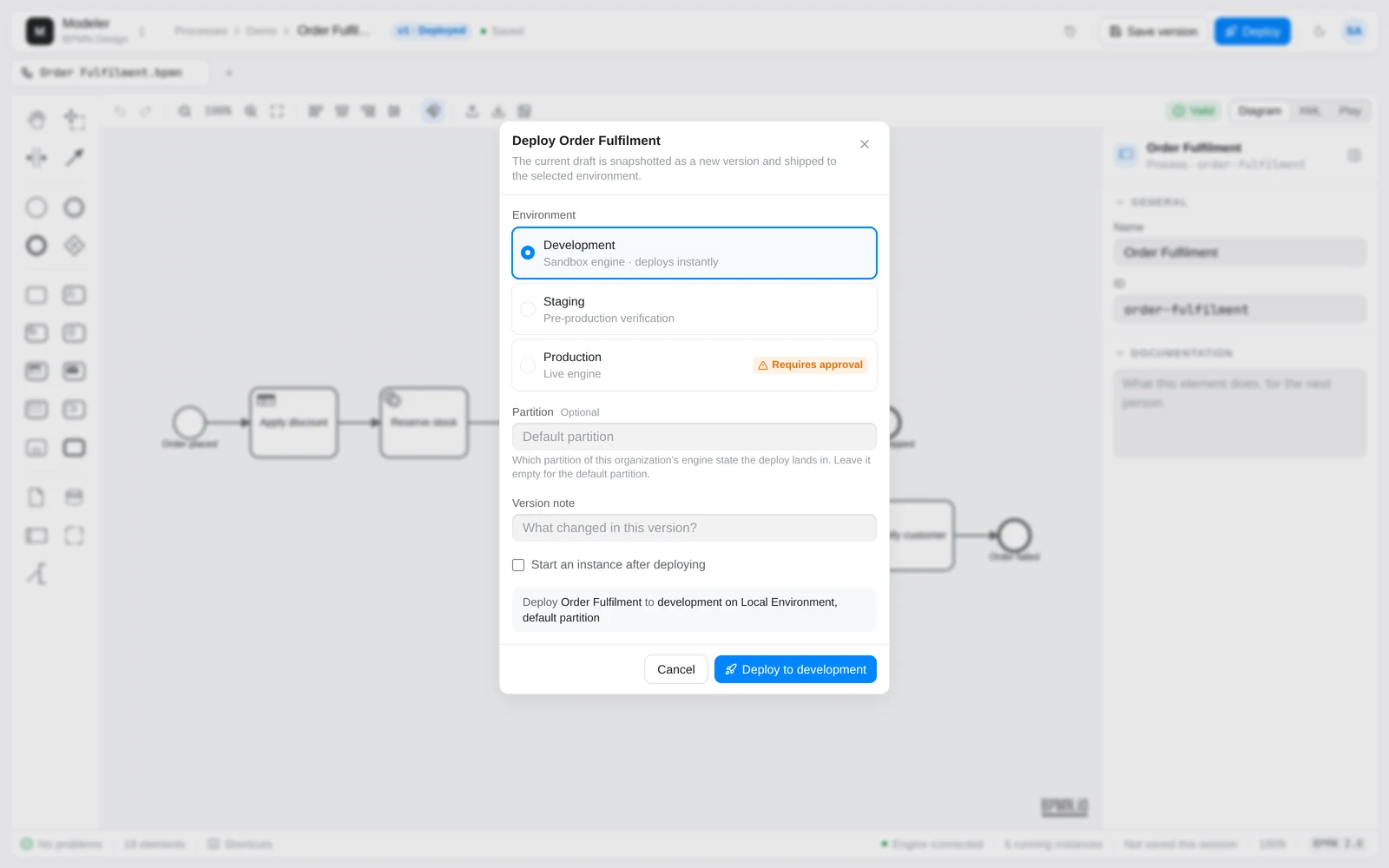 The deploy dialog in the Sheptra Modeler, offering development, staging and production environments, with production marked as requiring approval.