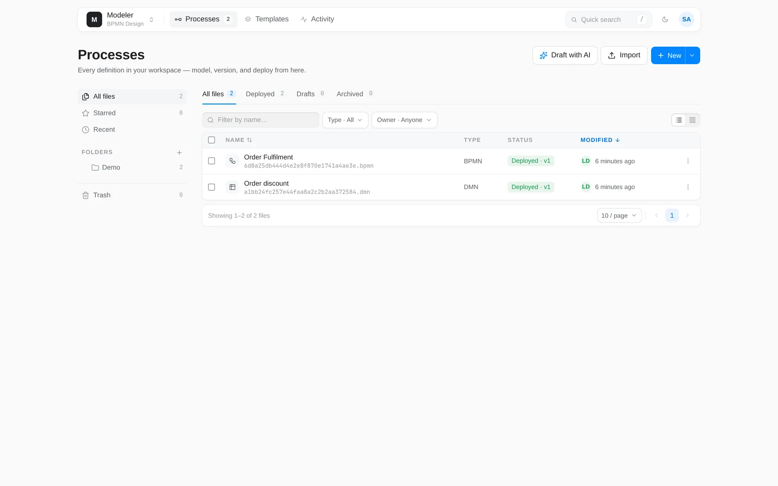 The Sheptra Modeler process library, listing BPMN and DMN files in a Demo folder with their deployment status.